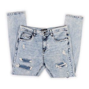 Empyre Verge acid wash distressed tapered skinny blue jeans 34